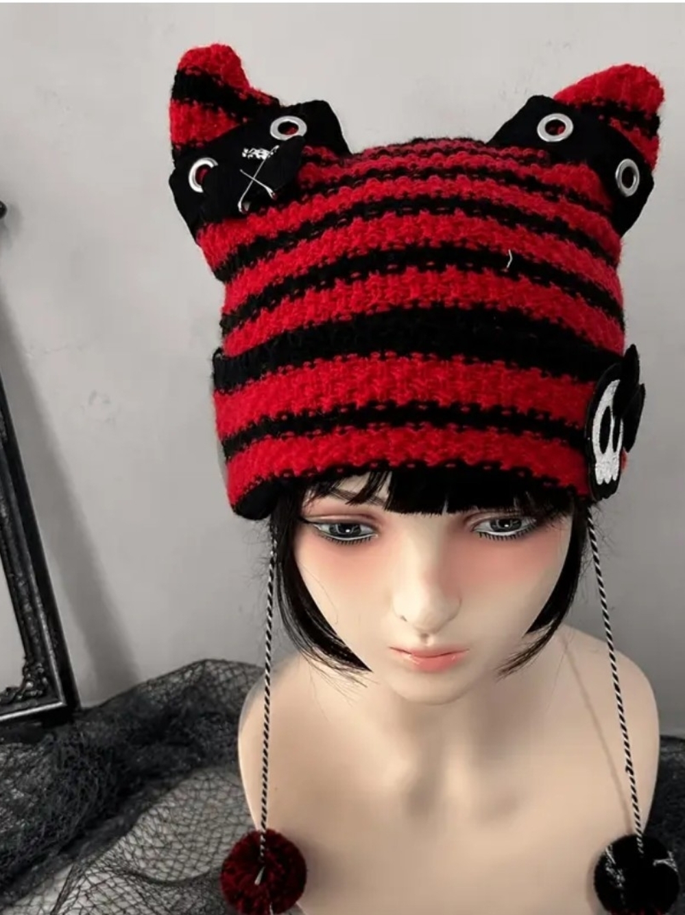 Red & Black Striped Cat Ear Knit Hat with Pom Poms